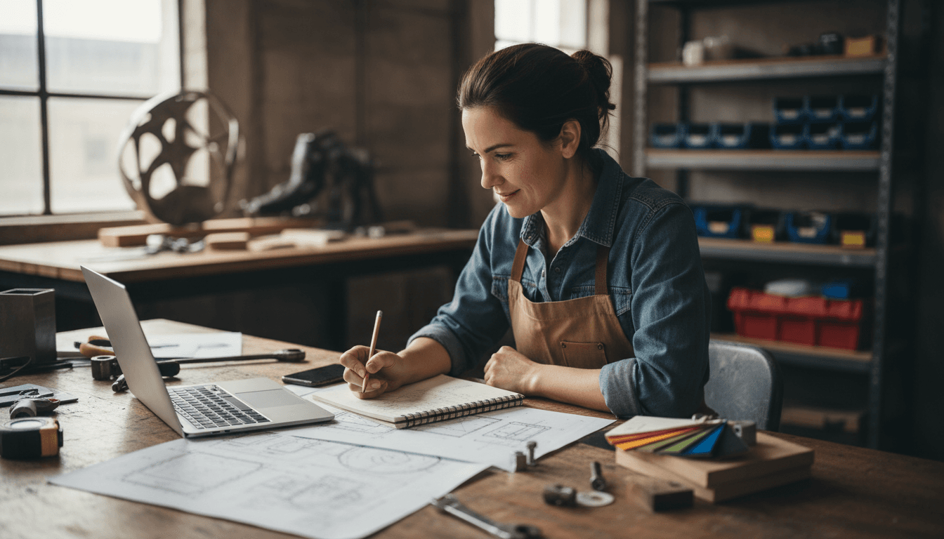 Blue-collar business owner at desk reviewing work, ready to discuss growth strategies