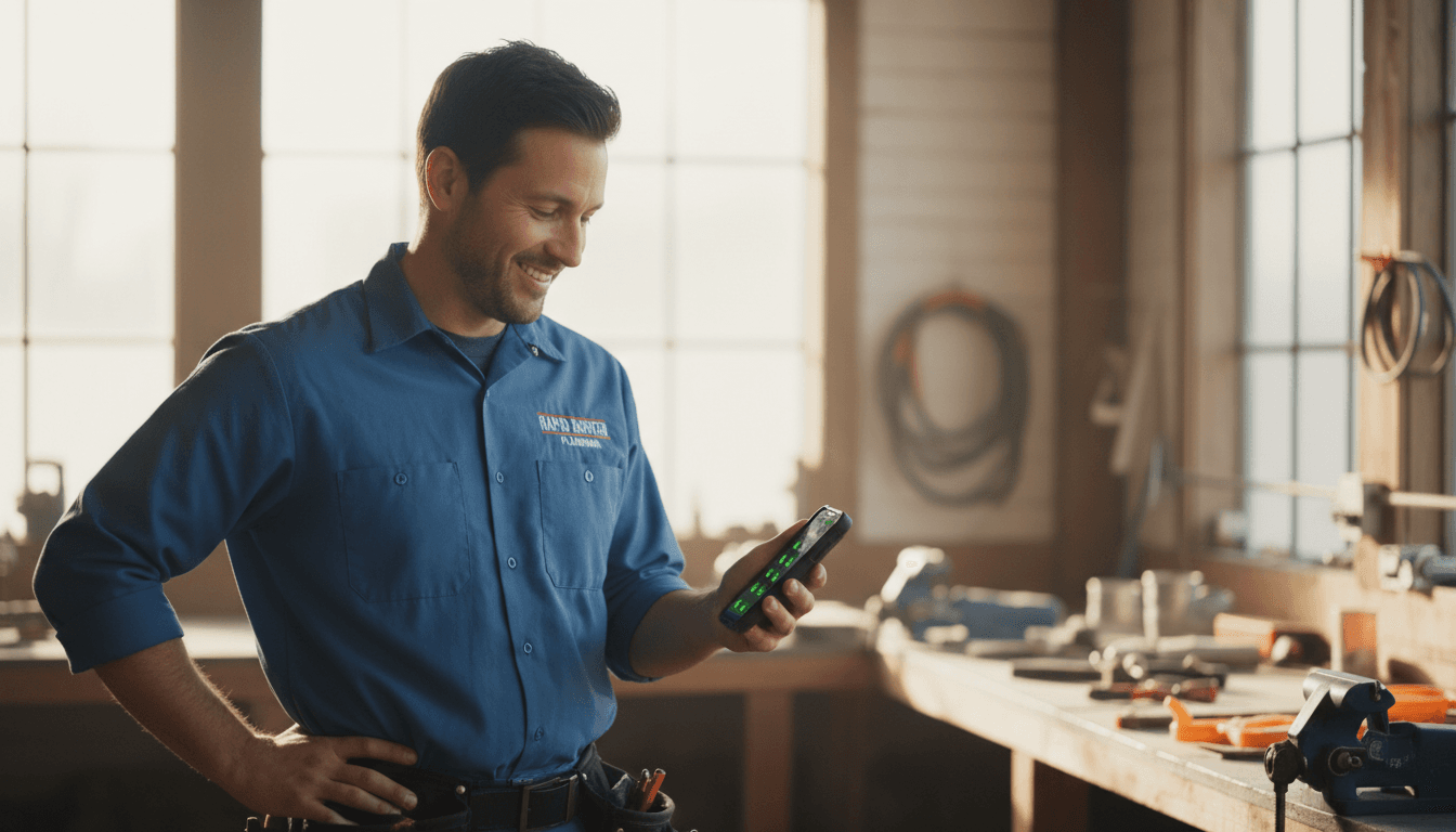Blue-collar worker checking phone at job site with confident expression